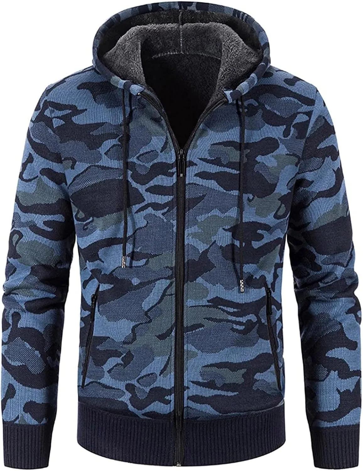 XIAXOGOOL Cardigan Sweater For Men,Men's Full Zip Print Cardigan Hoodie Fleece Lined Long Sleeve Slim Fit Winter Coat