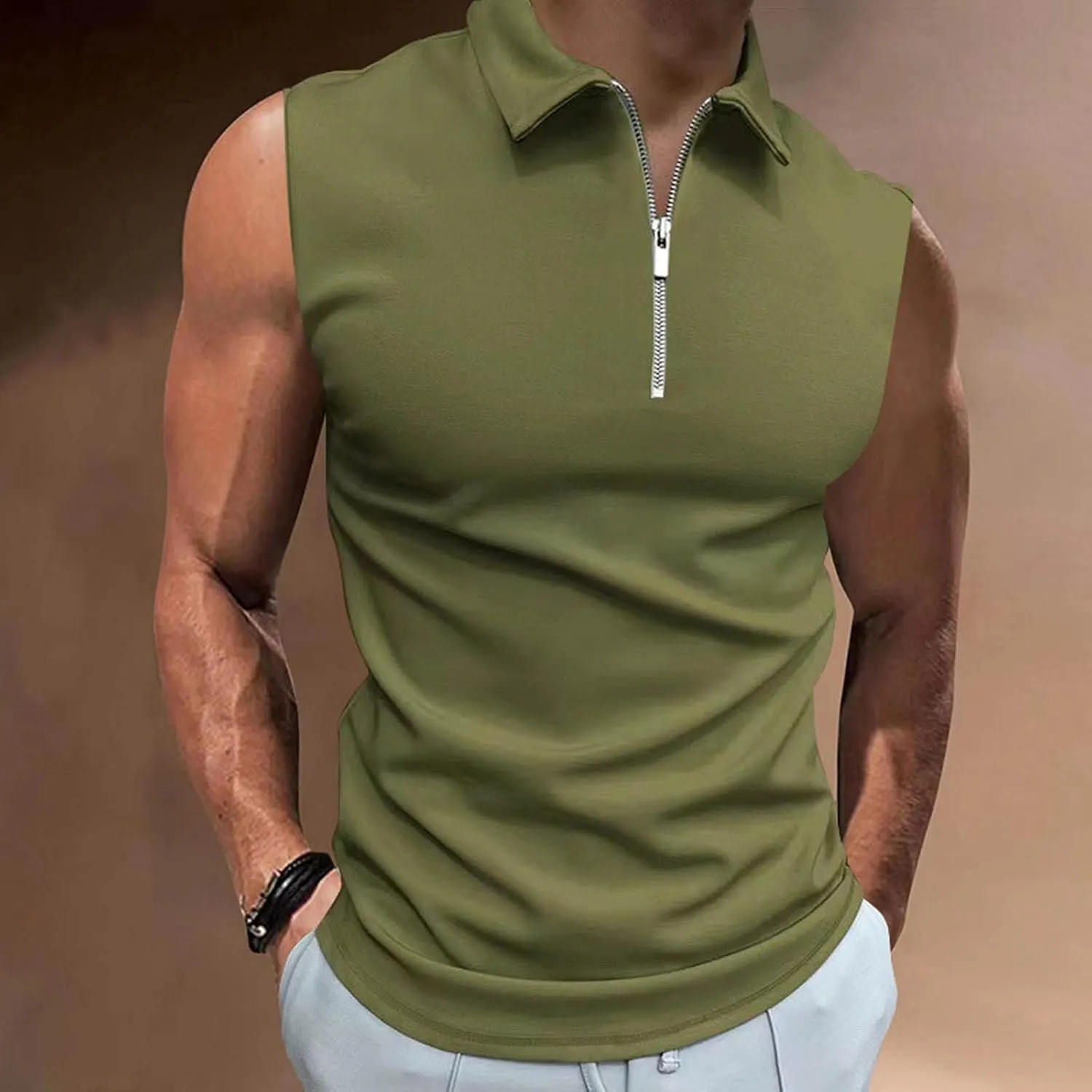 Ymosrh Men's Tank Top Undershirt Quarter Zipper Sleeveless Polo Shirts Casual Slim Fit Tank Shirt for Men, S-3XL