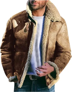 ZYXTIM Men's Heavyweight Fit Faux Fur Lapel Collar Coats Sherpa Lined Fleece Windbreaker Bomber Trucker Jacket